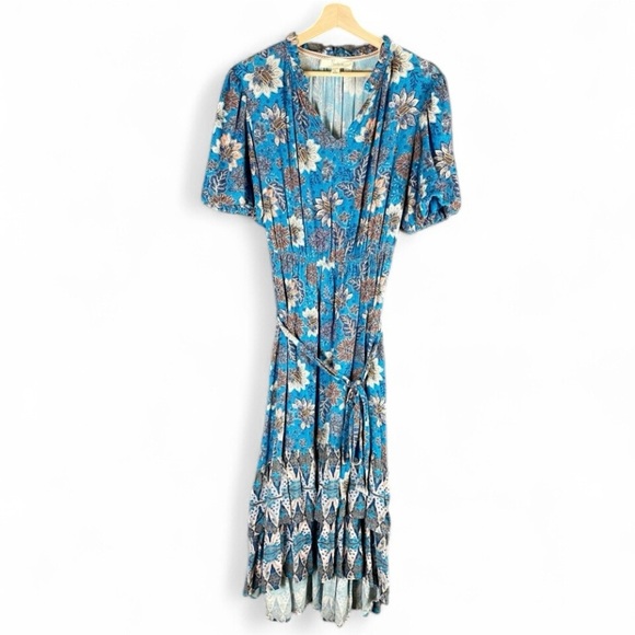 Nature Blue Floral Tiered Maxi Dress L Boho Cottagecore Puff Sleeve Beachy - Picture 1 of 12